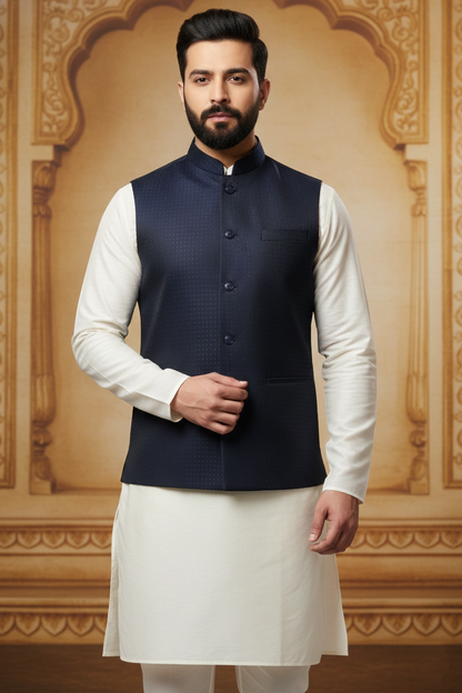 Navy Blue Sleeveless Nehru Jacket with Cream  Kurta Set