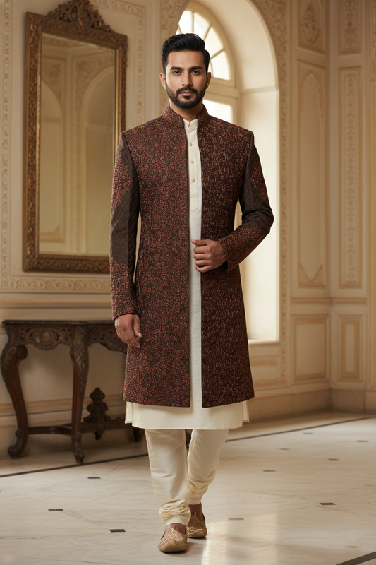 Maroon Embroidered Sherwani Ensemble