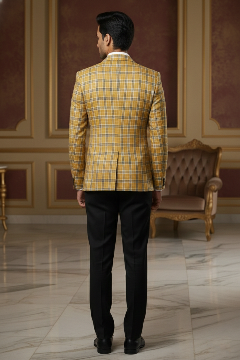 Mustard Yellow Plaid Double-Breasted  Blazer