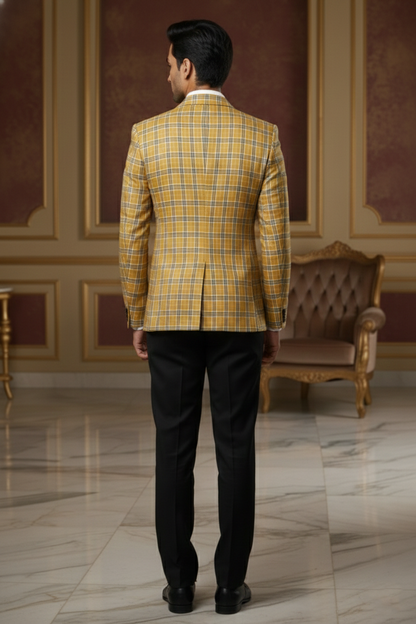 Mustard Yellow Plaid Double-Breasted  Blazer
