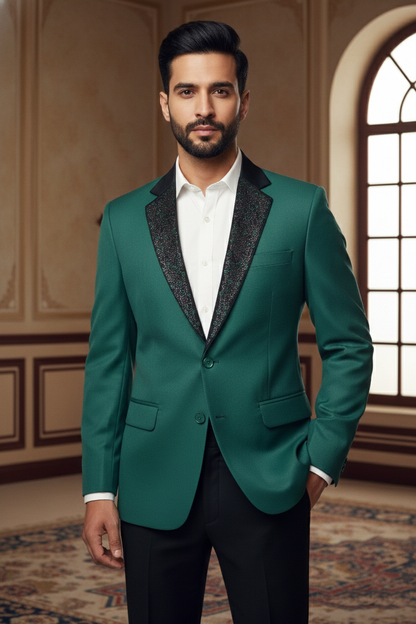 Emerald Regal Blazer with Textured Shawl  Lapel