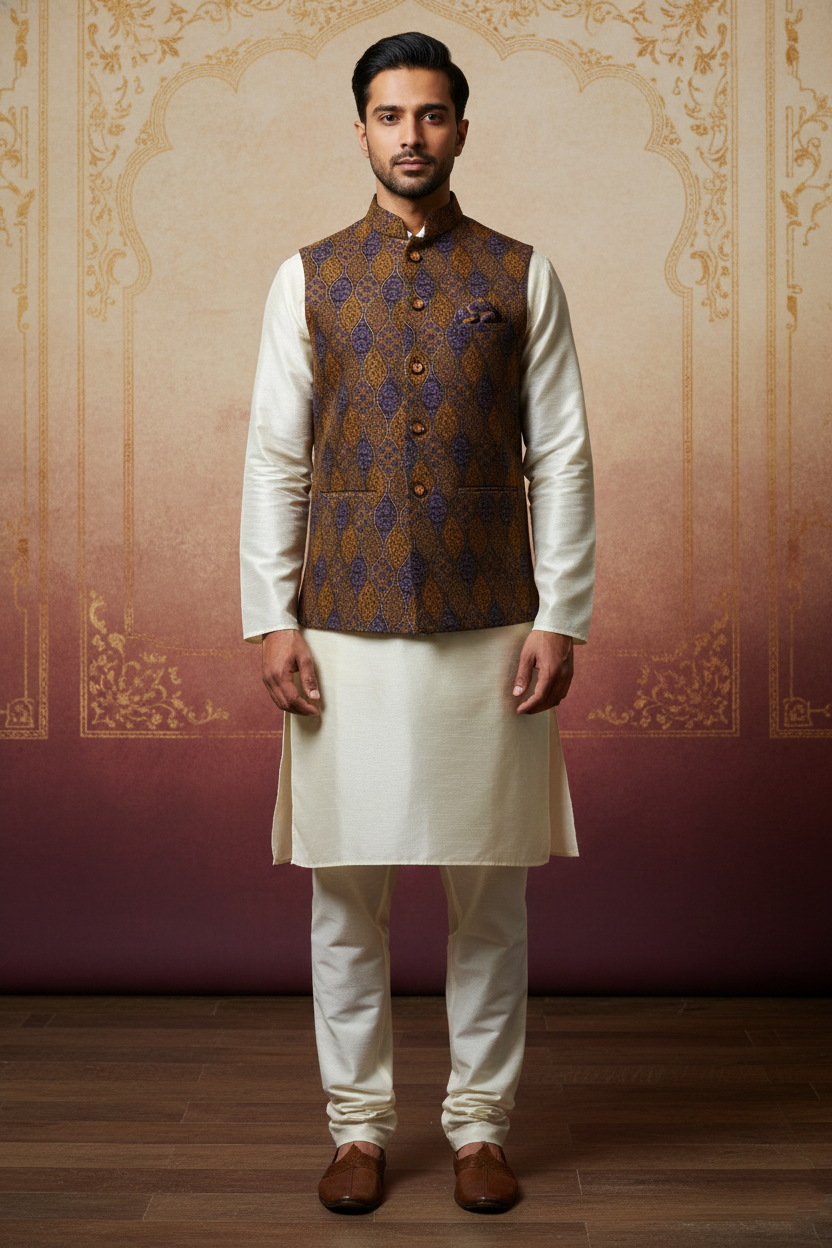 Men’s Brown & Purple Printed Nehru Jacket with Ivory  Kurta
