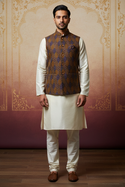 Men’s Brown & Purple Printed Nehru Jacket with Ivory  Kurta