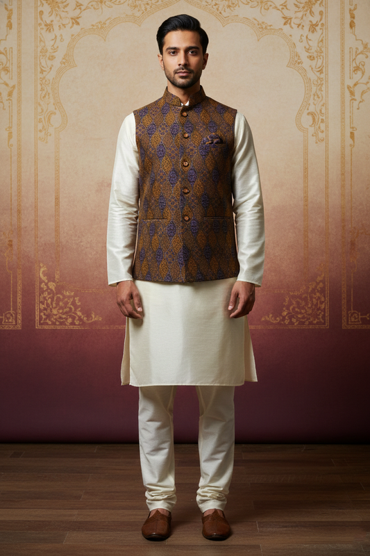 Men’s Brown & Purple Printed Nehru Jacket with Ivory  Kurta