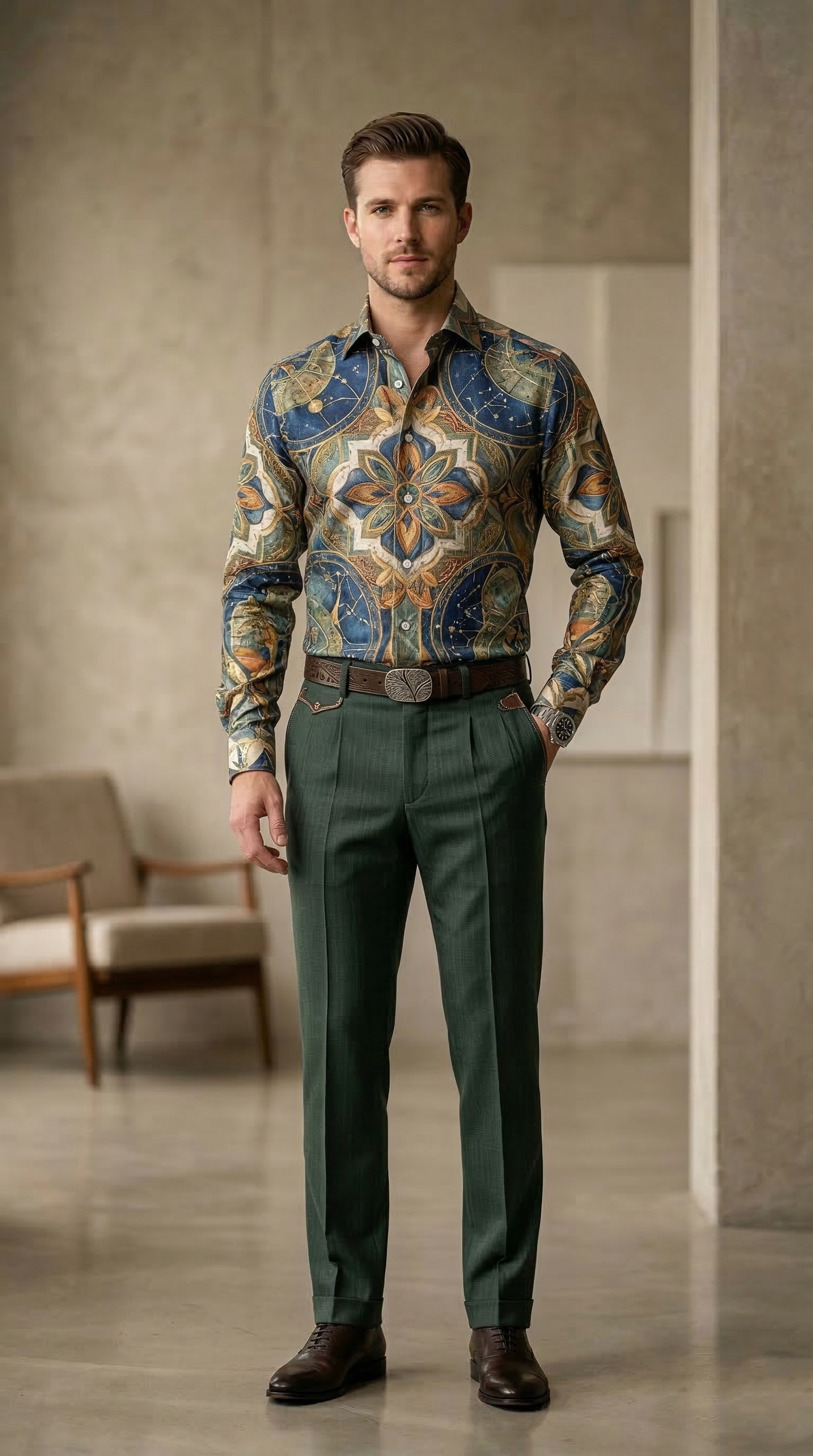 Designer Men'sMaritime Celestial Print Shirt , Deep Sea Teal & Ochre Compass Mandala Motif