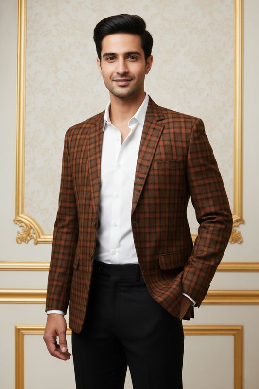 Men'sPremium Rust Orange & Black Checkered Blazer , Slim-Fit Textured Formal Sport Coat