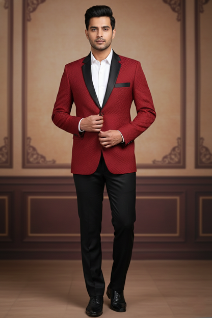 Men's Maroon Textured Jacquard Tuxedo Blazer