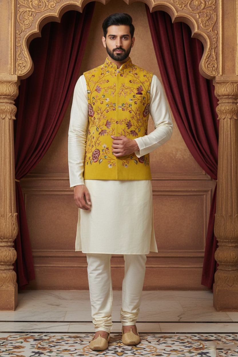 Men’s Mustard Floral Embroidered Nehru Jacket