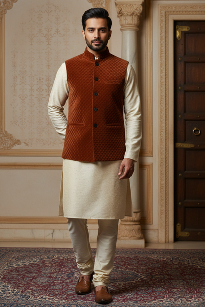 Men’s Rust Orange Quilted Velvet Nehru Jacket