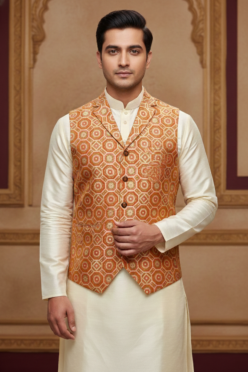 Men's Royal Red Geometric Print Nehru Jacket – Premium Silk-Finish Ethnic Waistcoat for Weddings & Festivals