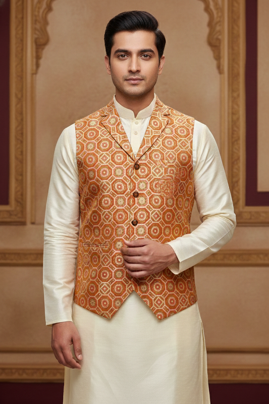 Men's Royal Red Geometric Print Nehru Jacket – Premium Silk-Finish Ethnic Waistcoat for Weddings & Festivals