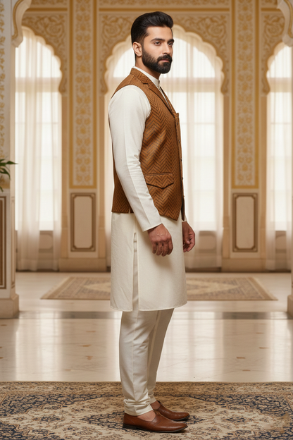Men’s Mustard Brocade Nehru Jacket | Ethnic Wedding Festive Party Wear Sleeveless Waistcoat with Mandarin Collar for Kurta & Indo Western Outfit