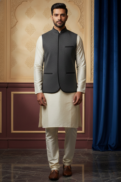 Men’s Charcoal Grey Nehru Jacket with Ivory Kurta Pajama