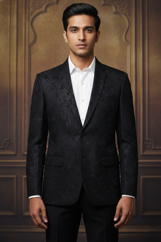 Black Textured Blazer with Abstract Pattern & Notched Lapel