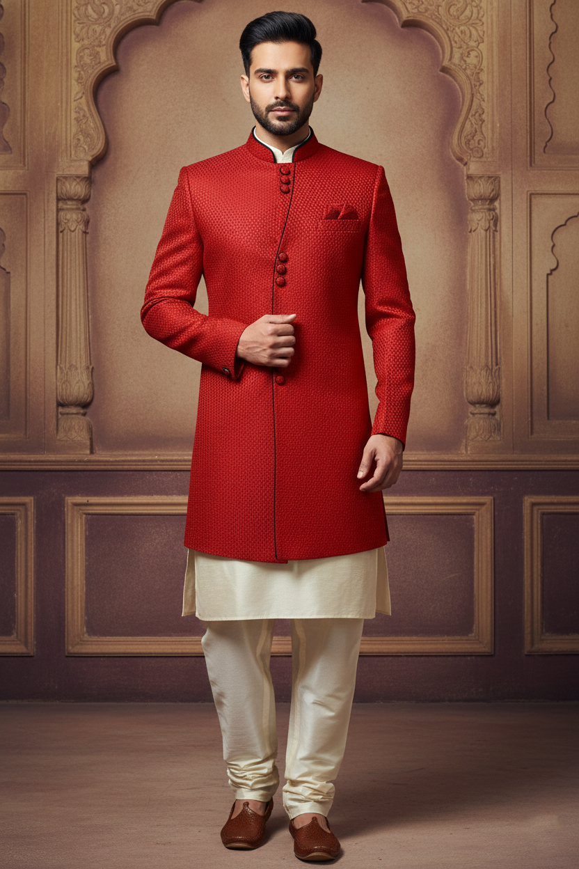 Red Textured Sherwani with Emblem