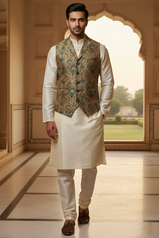 Men’s Olive Green Paisley Brocade Nehru Jacket | Ethnic Wedding Festive Party Wear Mandarin Collar Sleeveless Waistcoat for Kurta & Indo-Western Outfit