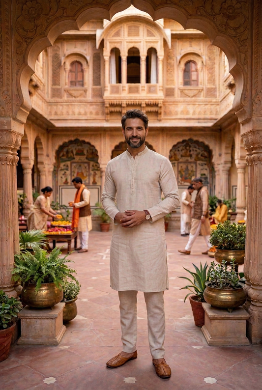 Men's Beige Cotton Linen Plain Kurta Pajama Set