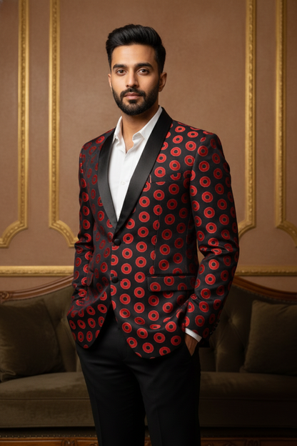 Men's Premium Black & Red Geometric Polka-Dot Party Wear Blazer , Slim Fit Tuxedo Style