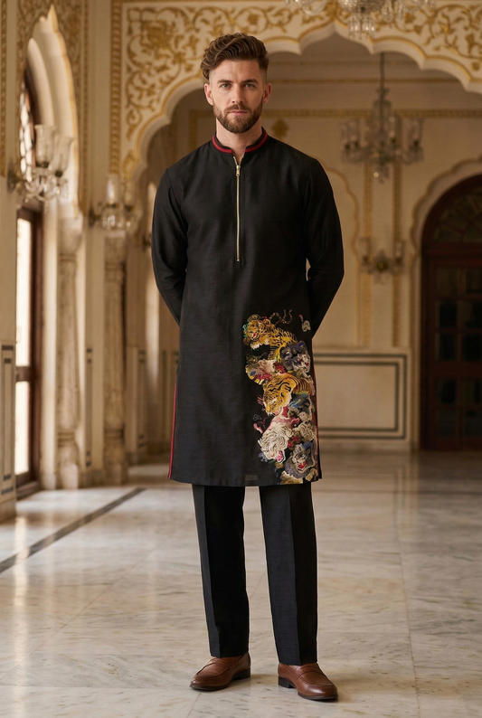 Men's Black Embroidered Tiger Motif Designer Kurta Pajama
