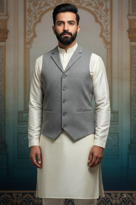 Men’s Grey Nehru Jacket | Classic Ethnic Waistcoat for Weddings, Festive & Formal Wear