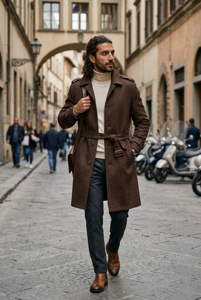 Men's Tailored Wool Trench Coat in Chocolate Brown