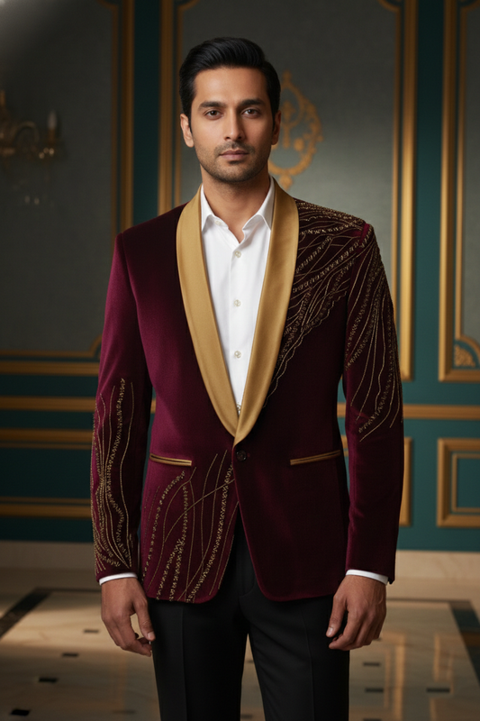 Majestic Maroon Velvet , Gold Embroidered Blazer