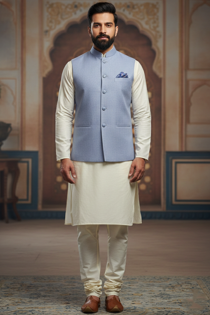 Men’s Light Blue Nehru Jacket with Pocket Square | Classic Ethnic Waistcoat
