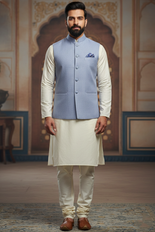 Men’s Light Blue Nehru Jacket with Pocket Square | Classic Ethnic Waistcoat