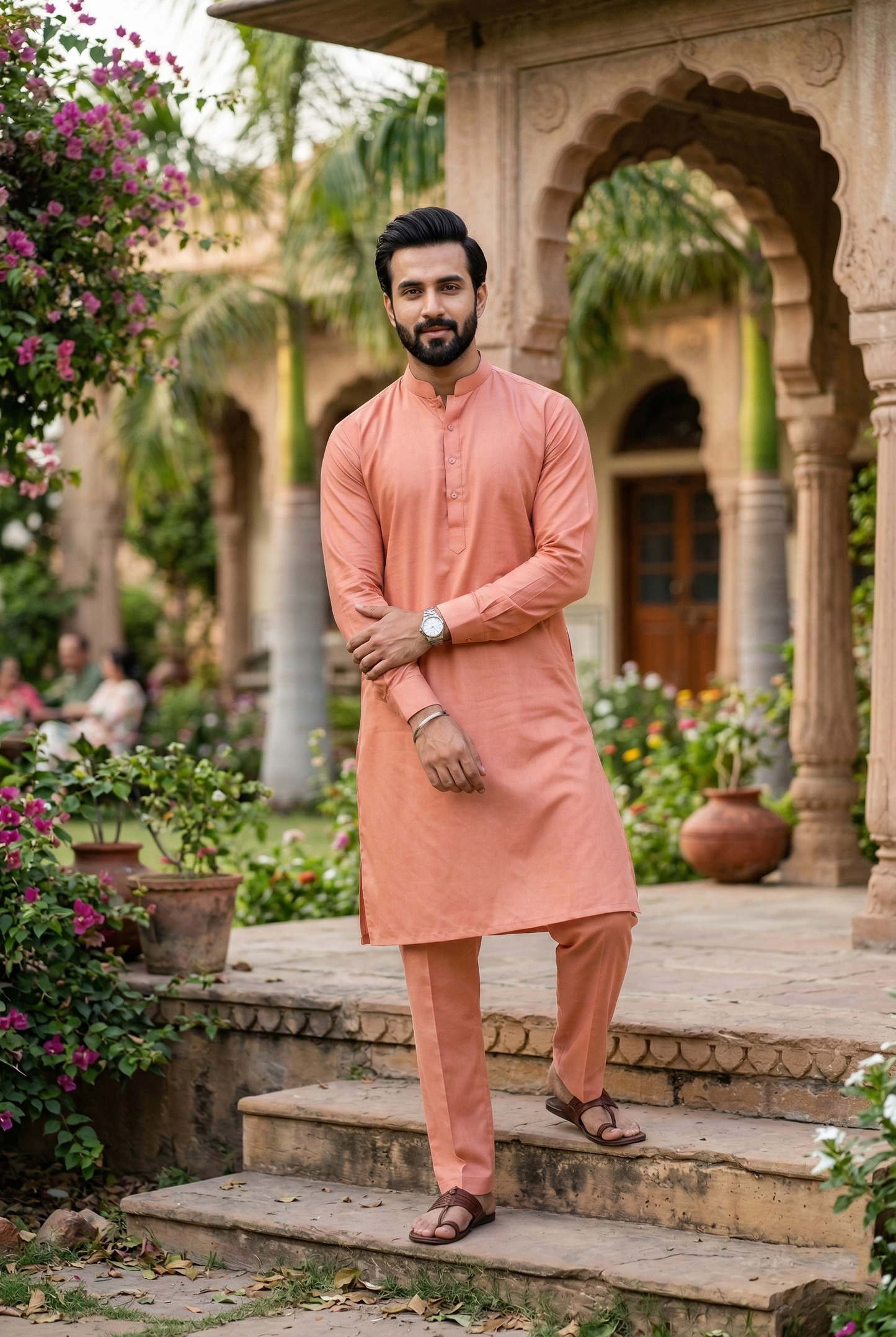 Men's Peach Cotton Silk Plain Kurta Pajama Set