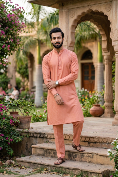 Men's Peach Cotton Silk Plain Kurta Pajama Set