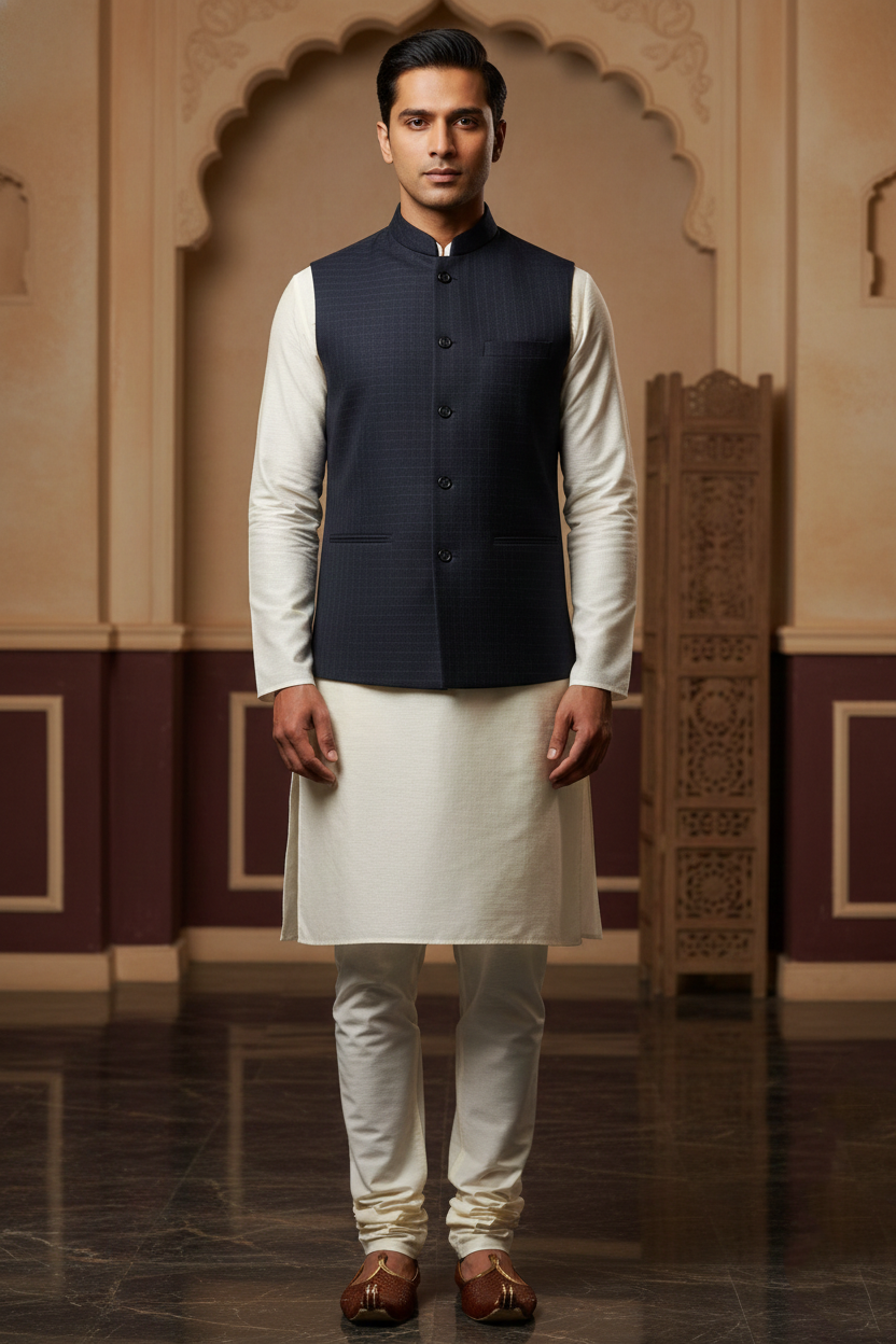 Men’s Navy Blue Nehru Jacket with White Contrast Lining | Ethnic Waistcoat