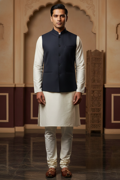Men’s Navy Blue Nehru Jacket with White Contrast Lining | Ethnic Waistcoat