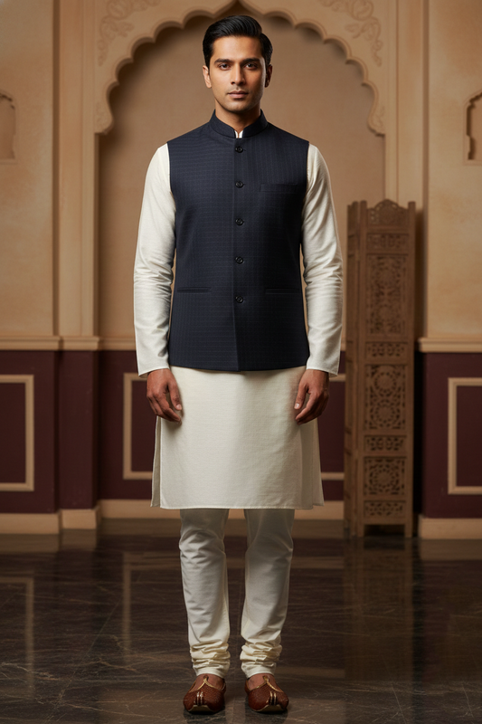 Men’s Navy Blue Nehru Jacket with White Contrast Lining | Ethnic Waistcoat
