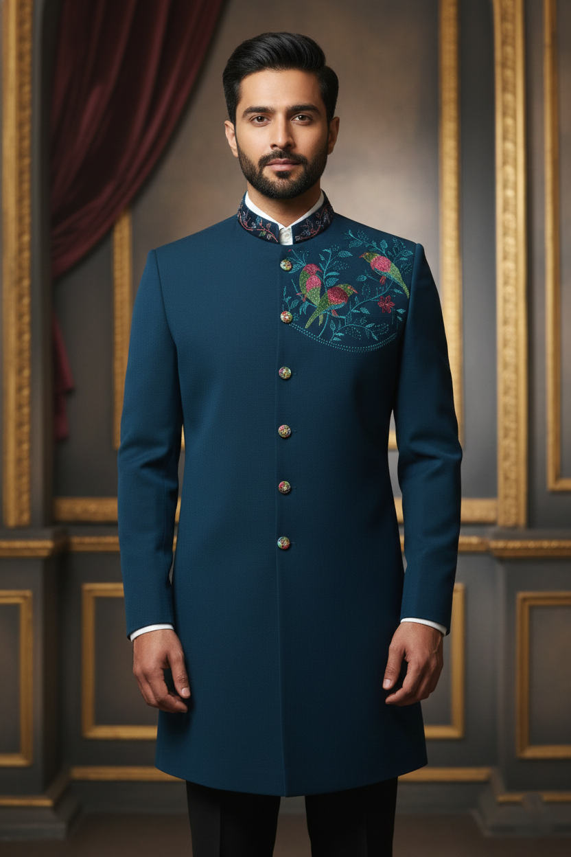 Midnight Blue Embroidered High-Collar Kurta Jacket