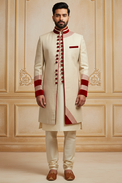 Cream Sherwani with Red Accents