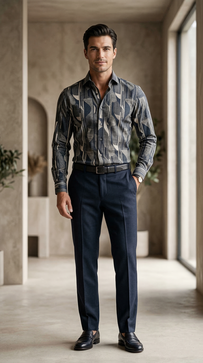 Designer Men'sAbstract Geometric Print Shirt , Modern Slate & Charcoal Art-Deco Motif