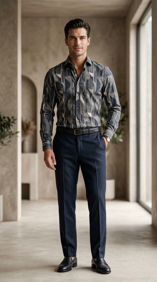 Designer Men'sAbstract Geometric Print Shirt , Modern Slate & Charcoal Art-Deco Motif