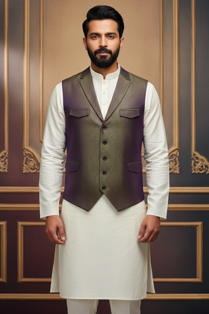 Men’s Olive & Purple Nehru Jacket with Ivory Kurta  Pajama