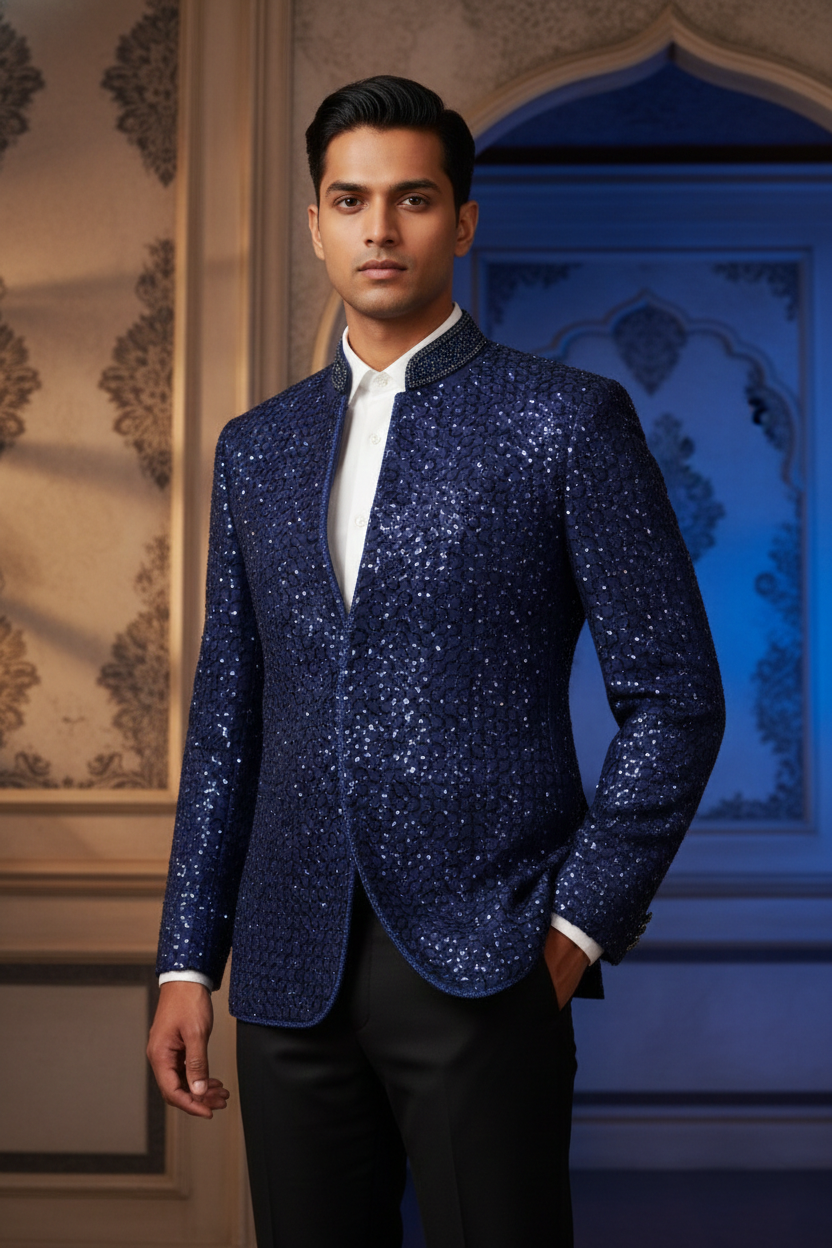 Midnight Navy Sequin Enchantment Blazer , Luxury Hand-Beaded Mandarin Collar Tuxedo