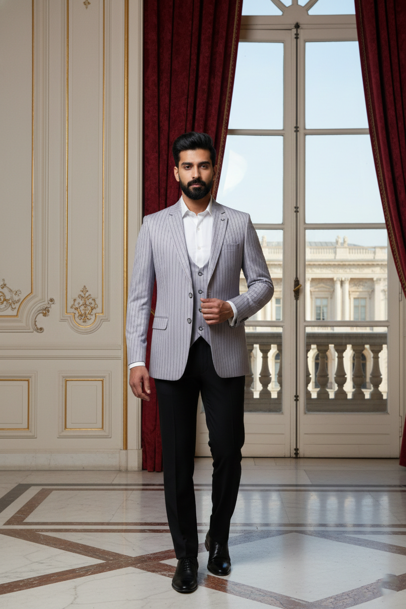 Men's Light Grey & Purple Pinstripe  3-Piece Suit