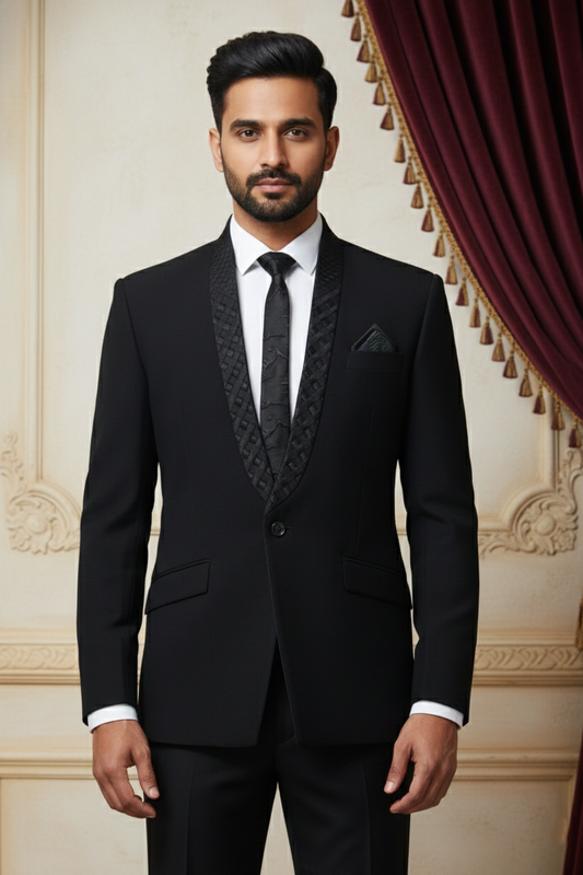 Black Formal Jacket with Woven Lapel Detailing
