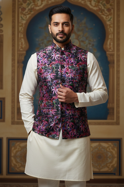 Title: The Violet Nocturne: Contemporary Floral Fusion Nehru Ensemble