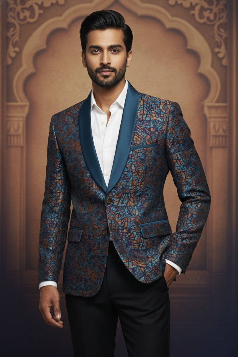 Mosaic Pattern Blazer with Blue Shawl Collar