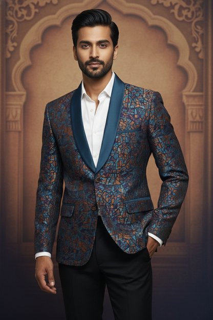 Mosaic Pattern Blazer with Blue Shawl Collar