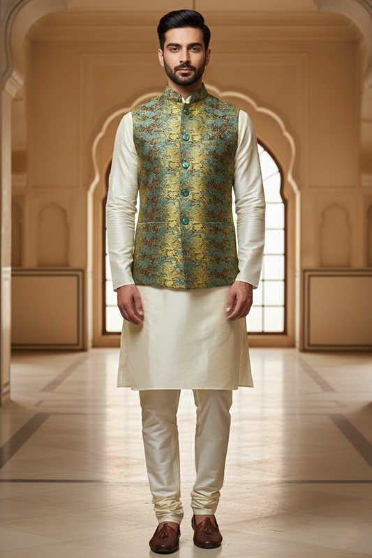 Men’s Teal Printed Nehru Jacket Kurta Pajama