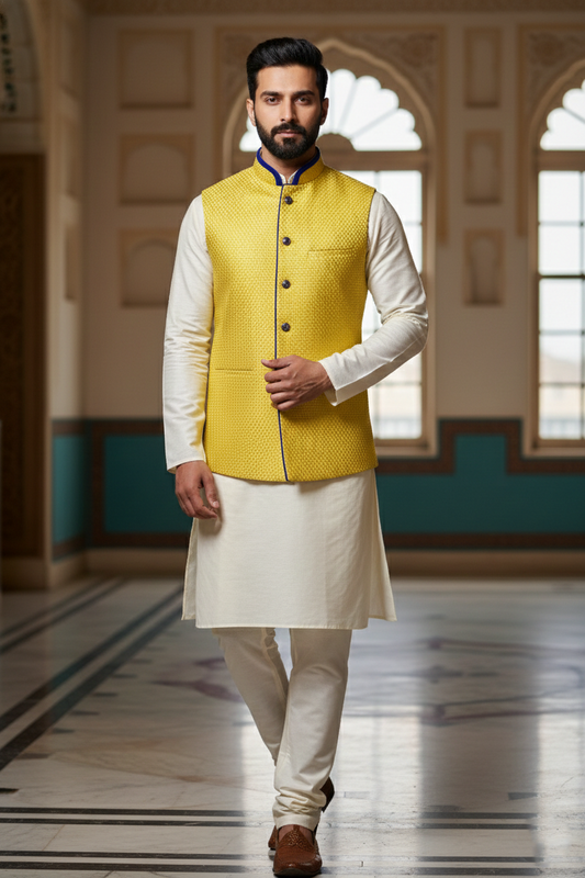 Bright Yellow Nehru Jacket with Dark Blue Trim &  Cream Kurta Set
