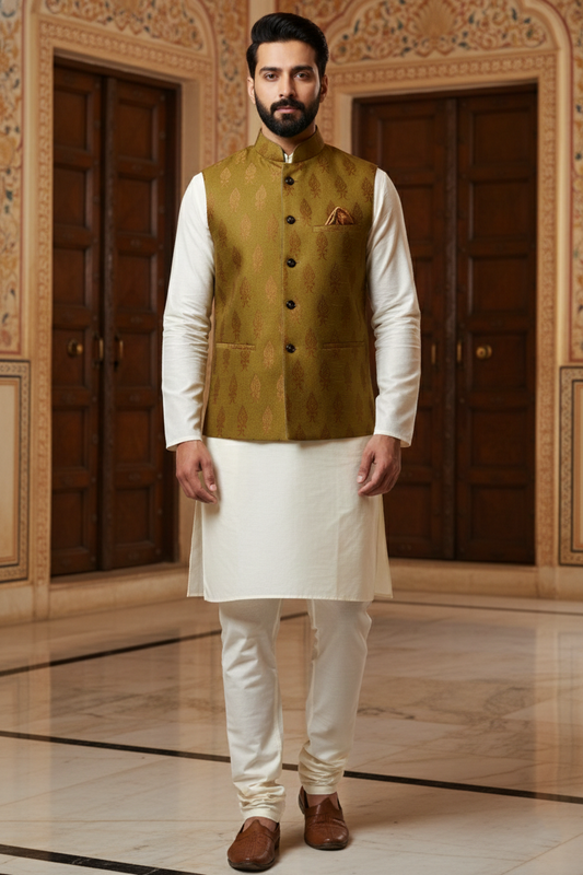 Men’s Olive Green Nehru Jacket with Gold Motif Work | Ethnic Waistcoat