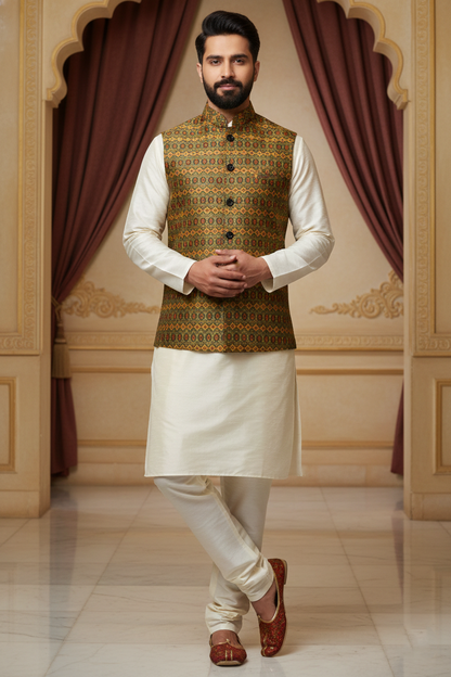 Regal Tapestry: The Olive Geometric Brocade Nehru Jacket