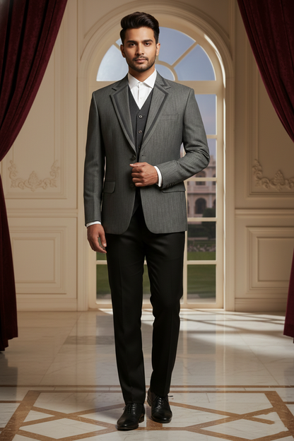 Men's Grey Textured Blazer with Polka Dot  Waistcoat Set