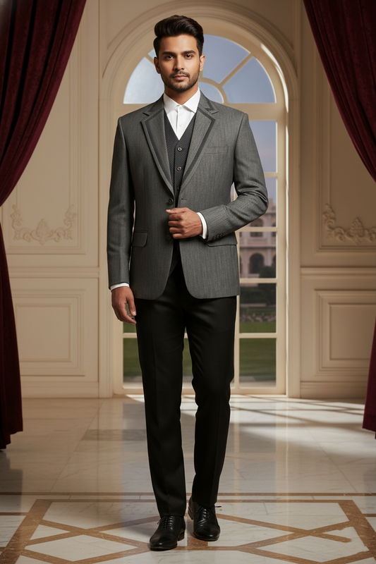 Men's Grey Textured Blazer with Polka Dot  Waistcoat Set